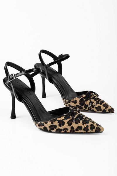 Shoeberry Damen Zenya Leopard Feather Schnürstiefel mit Schleife und Stiletto-Absatz