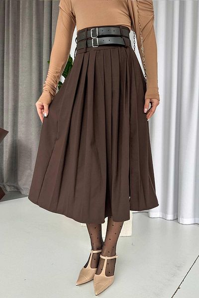Mine Tan Butik Дамска пола с двоен колан и цепка - Кафява
