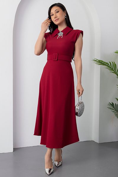 PULLIMM Shirt Collar Shoulder Padded Stone Buckle Dress 2025-4114