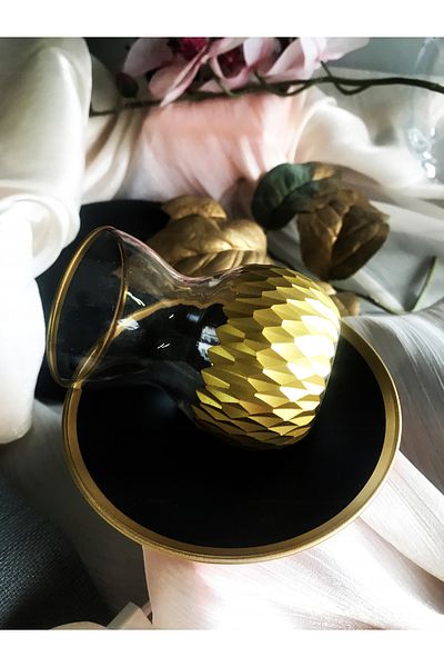 DECOSTYLE Koza Gold Patterned Black Matte Painted Glass Plate 12 Piece Tea Set