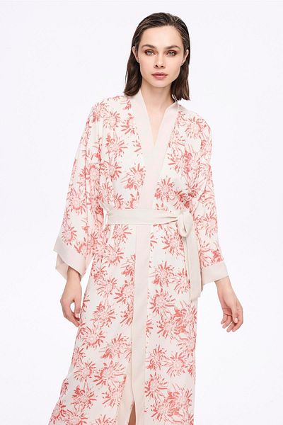 Haşema Pink Flower Print Long Kimono 5043