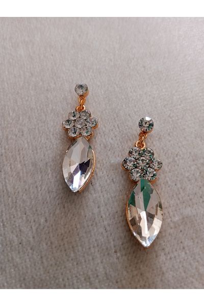 Pervin Ablacım White Stone Gold with White Flower Stone Dangle Earrings