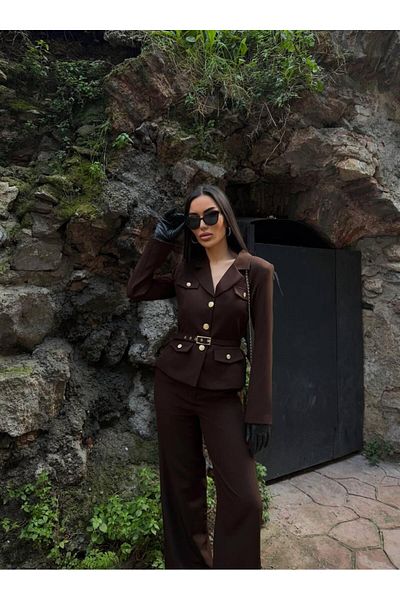 Diemmood Women's Black Belted Blazer Jacket and Pants Set