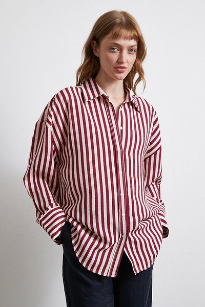 Never more T Sleeve Shirt, Stripe Motif and Burgundy Color