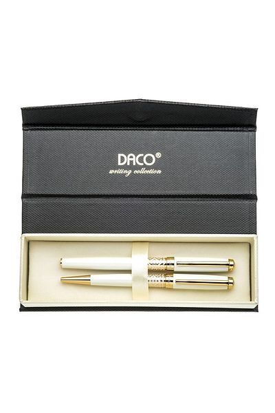 daço Daco white pen and ballpoint pen set with Folklore inscription in box