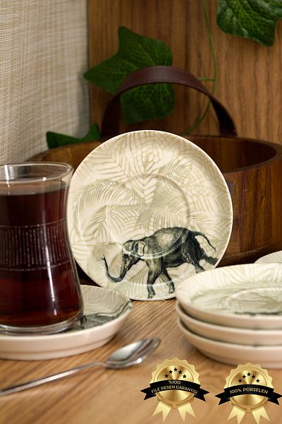 Heda Porselen 6 Pieces 12cm Porcelain Tea Plate - Elephant Nature, Off-White