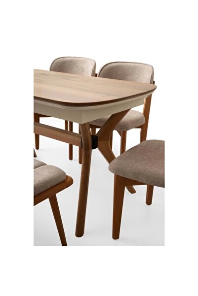 Evistro Ahşap Salon Çınar Yemek Masa Sandalye Takımı Ortadan Açılır Büyüyen 4 Sandalye 1 Bench 80x130cm