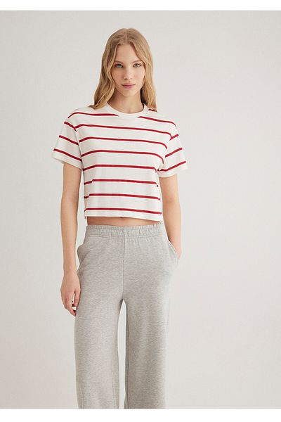Mavi Red Striped Crop Cut Women's T-Shirt