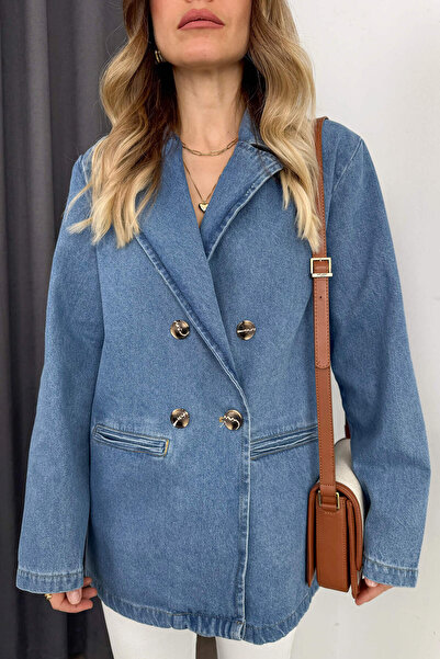 Sue Store Μπλε τζιν παλτό με διπλό γιακά με κουμπιά Oversize