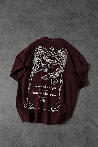 Slatra Men's Burgundy to Fly Special Washed Fabric Oversize Tshirt