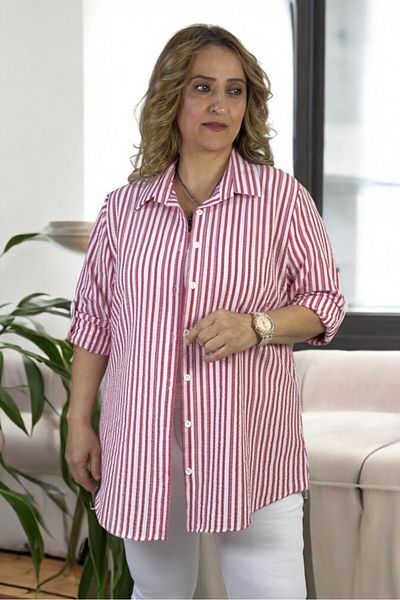 yagmurberen Foldable Sleeve Detailed Striped Pattern Seersucker Cotton Large Size Shirt