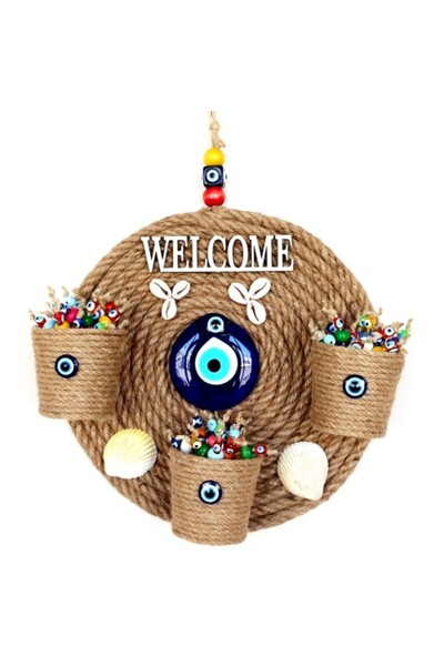 Genel Markalar Üç Saksılı Welcome Yazılı Deniz Kabuklu Nazar Boncuklu Hasır Kapı Süsü