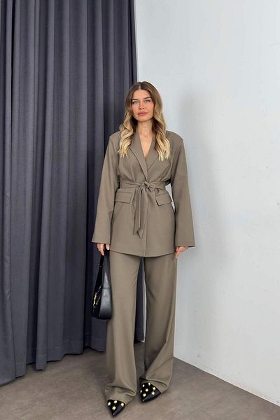Sue Store Set de pantaloni blazer cu curea cu nasturi kaki
