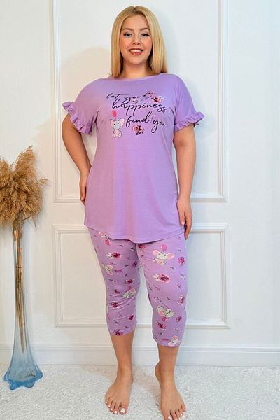 tarzımsüper Plus Size Elastic Waist Comfort Model Viscose Cotton Women's Capri Pajamas Suit