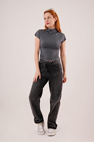 NİSA GİYİM Short Sleeve Casual Collar Matte Fabric Anthracite Color Crop