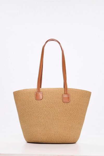Haşema Leather Handle Zippered Earth Color Straw Beach Bag 3120