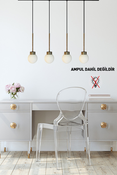 Bamyum Dörtlü Petite Beyaz Cam Avize İnce Eskitme Başlık Retro Sarkıt Restoran Salon Aydınlatma