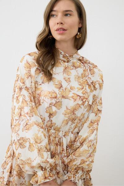 TERZİ DÜKKANI SUCRE DESENLİ ŞİFON KAT KAT ELBİSE SARI