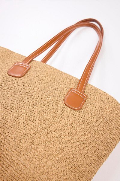 Haşema Leather Handle Zippered Earth Color Straw Beach Bag 3120