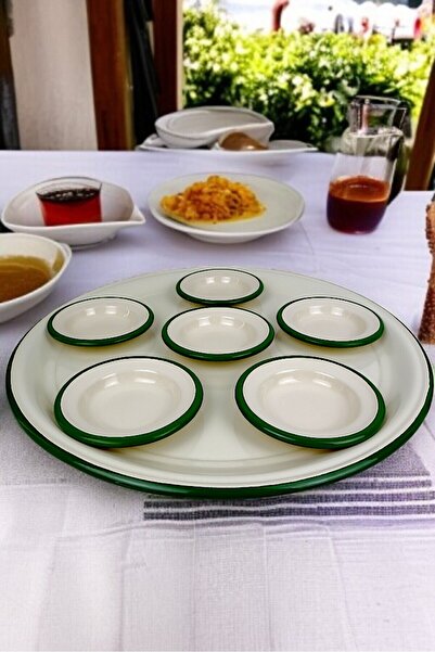 İnci Emaye 7 Piece Large Size Green Enamel Breakfast Set, Presentation, Breakfast Plate, Jam Bowl, Dowry