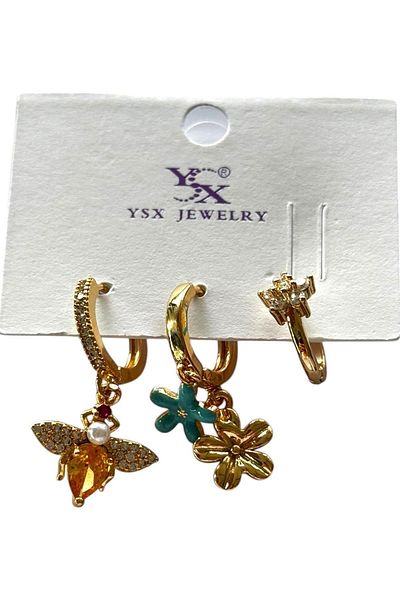 TAKIŞTIR Gold Color Stone Detailed 3-Piece Ysx Earring Set