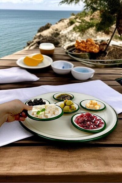 İnci Emaye 7 Piece Large Size Green Enamel Breakfast Set, Presentation, Breakfast Plate, Jam Bowl, Dowry