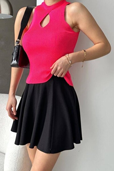 bayansepeti Fuchsia Knitwear Fabric Stand Collar Drop Low-Cut Detail Collar Basic Blouse 0285