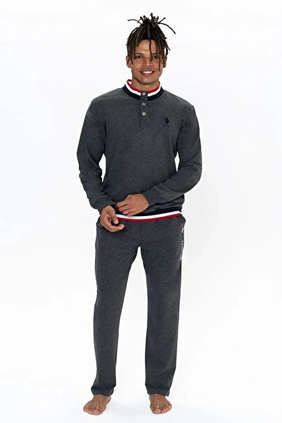 U.S. Polo Assn. 18922 Anthrazitfarbenes Melange-Pyjama-Set für Herren mit lan...
