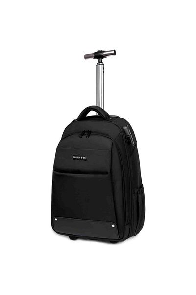 Quasar & Co. Trolley Backpack, Falcon Model, with Wheels, Laptop Compartment, Oxford Fabric/Leather, Black