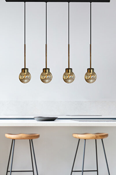Bamyum Dörtlü Petite Cam Bal Rengi Tekli Avize İnce Eskitme Başlık Retro Sarkıt Restoran Salon Aydınlatma