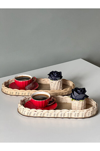Maison Avf 4'lü Rattan Düzenleyici Tepsi & Güllük Sunum Seti Kahve Sunumluğu (GÜL DAHİLDİR)