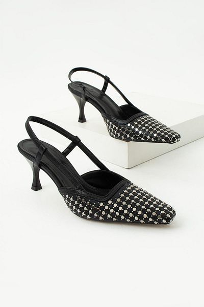 diclepolat Women's Black Open Back Blunt Toe Stone Medium Heeled Shoes Robis 5 cm