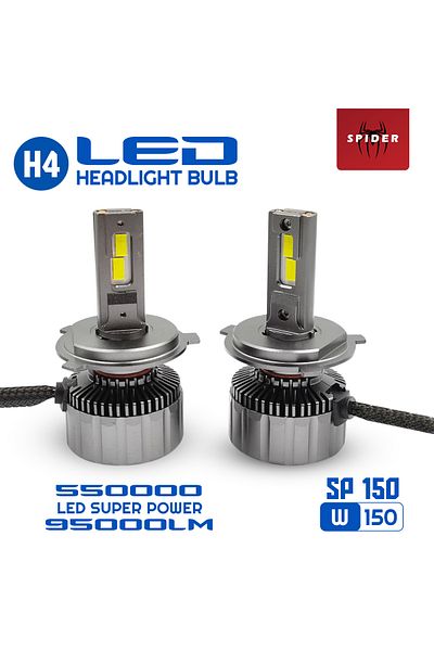 Spider H4 Car LED Headlight Bulb 150W 95000LM Super Bright 550000 LED Power  IP68 Waterproof, Pack of 2
