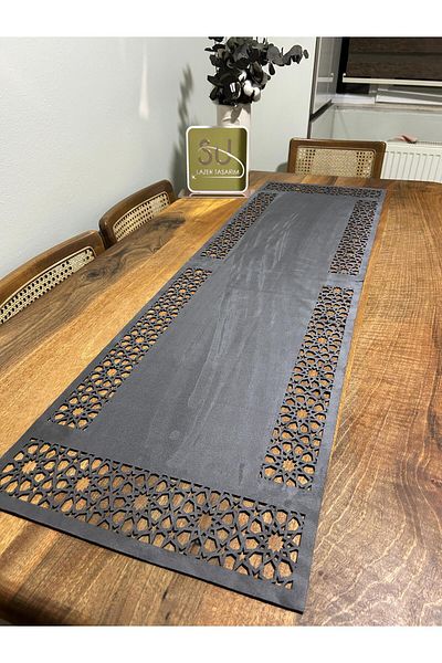 EHA LAZER Anthracite Special Laser Cut Thick Nubuck Texture Fabric, Stylish American Service Runner Table Cloth