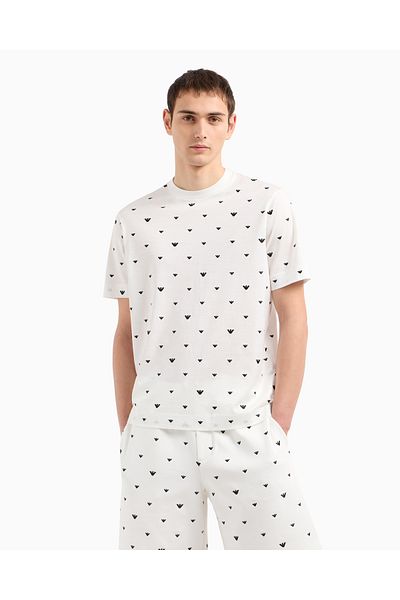 Emporio Armani تي شيرت أبيض بأكمام قصيرة وياقة دائرية ومطرز على شكل نسر للرجال EM 001400   AF10017-F0085