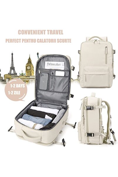 Quasar & Co. Travel backpack, cabin hand luggage, trolley attachment, 43x30x20cm, WizzAir/Ryanair, USB, ivory