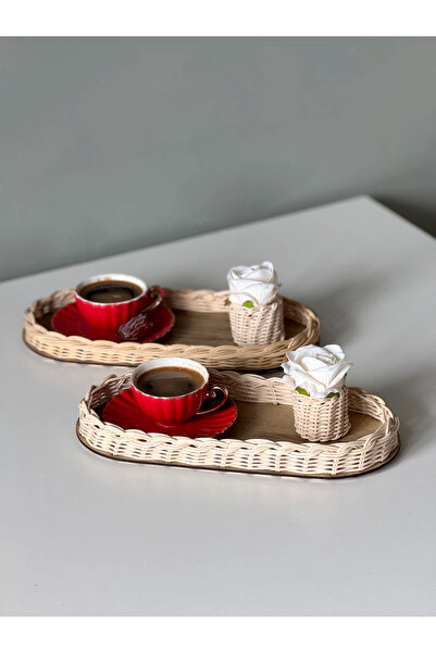 Maison Avf 4'lü Rattan Düzenleyici Tepsi & Güllük Sunum Seti Kahve Sunumluğu (GÜL DAHİLDİR)