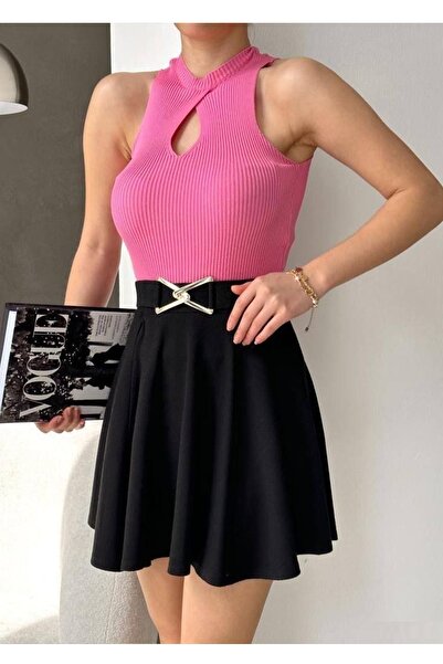 bayansepeti Pink Knitwear Fabric Stand Collar Drop Low-Cut Detail Collar Basic Blouse 0285