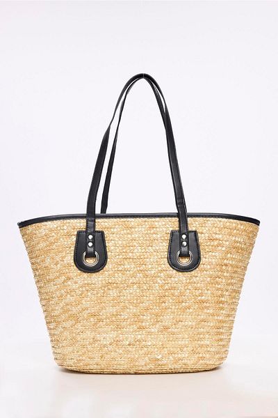 Haşema Leather Handle Zippered Black Beige Color Straw Beach Bag 3121