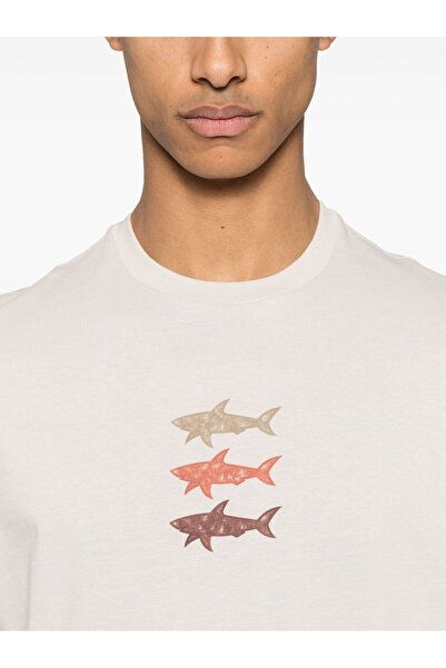 PAUL&SHARK Ανδρικό κοντομάνικο μπλουζάκι με λαιμόκοψη με τρία ψάρια μπεζ 25411005-348