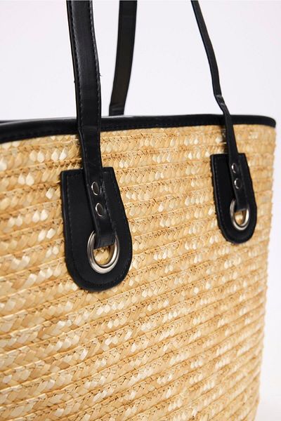 Haşema Leather Handle Zippered Black Beige Color Straw Beach Bag 3121