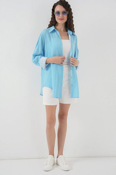 modaserdem    Striped Oversize Shirt 20295 - Blue
