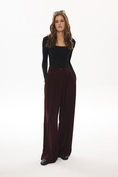Hooopstore Class Rubber Detailed Palazzo Claret Red Trousers
