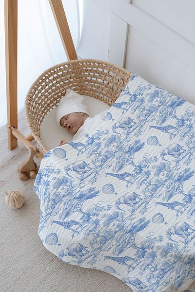 Tuğba Kuğu 4 Layer Muslin Blanket (100X120) - Blue Toile De Jouy