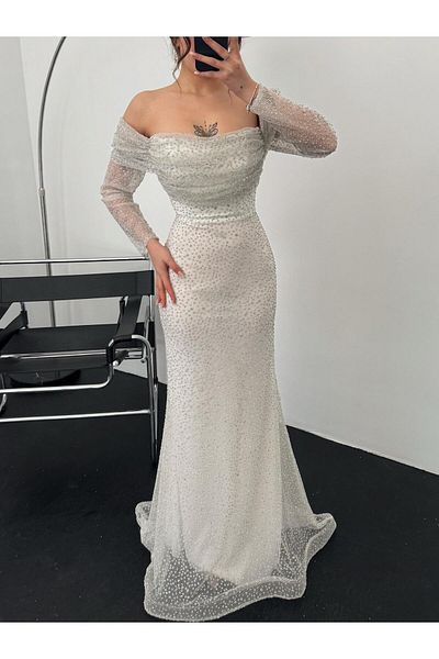 Serica Moda Ecru Boat Neck Stone Evening Dress