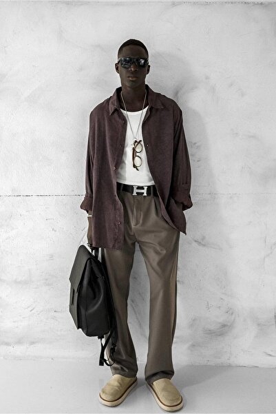 ablukaonline Ανδρικό Oversize Πλενόμενο Άνετο Πουκάμισο Καφέ