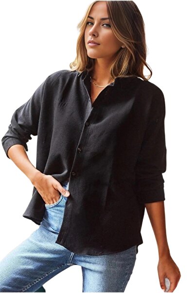 Cassime Λινό Μαύρο Μακρυμάνικο Oversize Γυναικείο Πουκάμισο