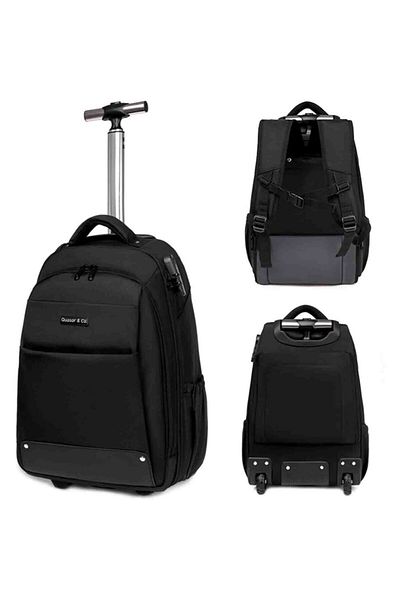Quasar & Co. Trolley Backpack, Falcon Model, with Wheels, Laptop Compartment, Oxford Fabric/Leather, Black
