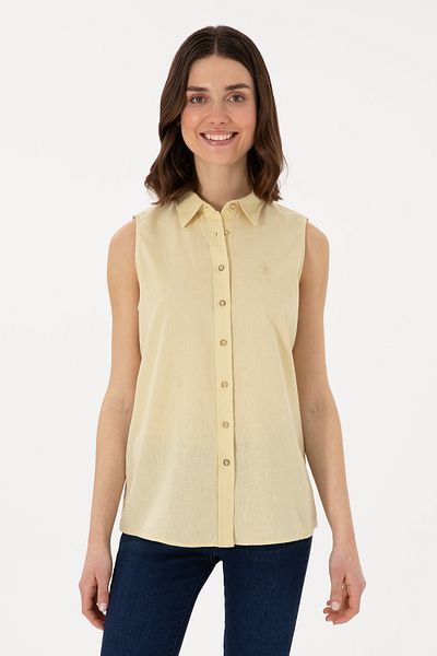 U.S. Polo Assn. Cămașă cu mânecă scurtă pentru femei, kaki deschis, amestecată de in 50298111-VR183
