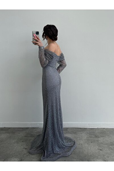 Serica Moda Gray Boat Neck Stone Evening Dress